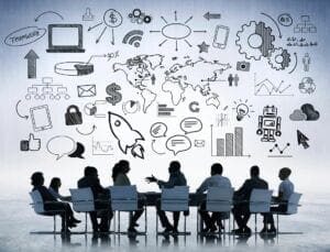 Team brainstorming business strategy.